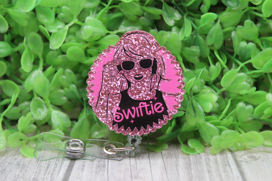 Swiftie Pink Glitter Circle • Badge/ID Holder with Clip