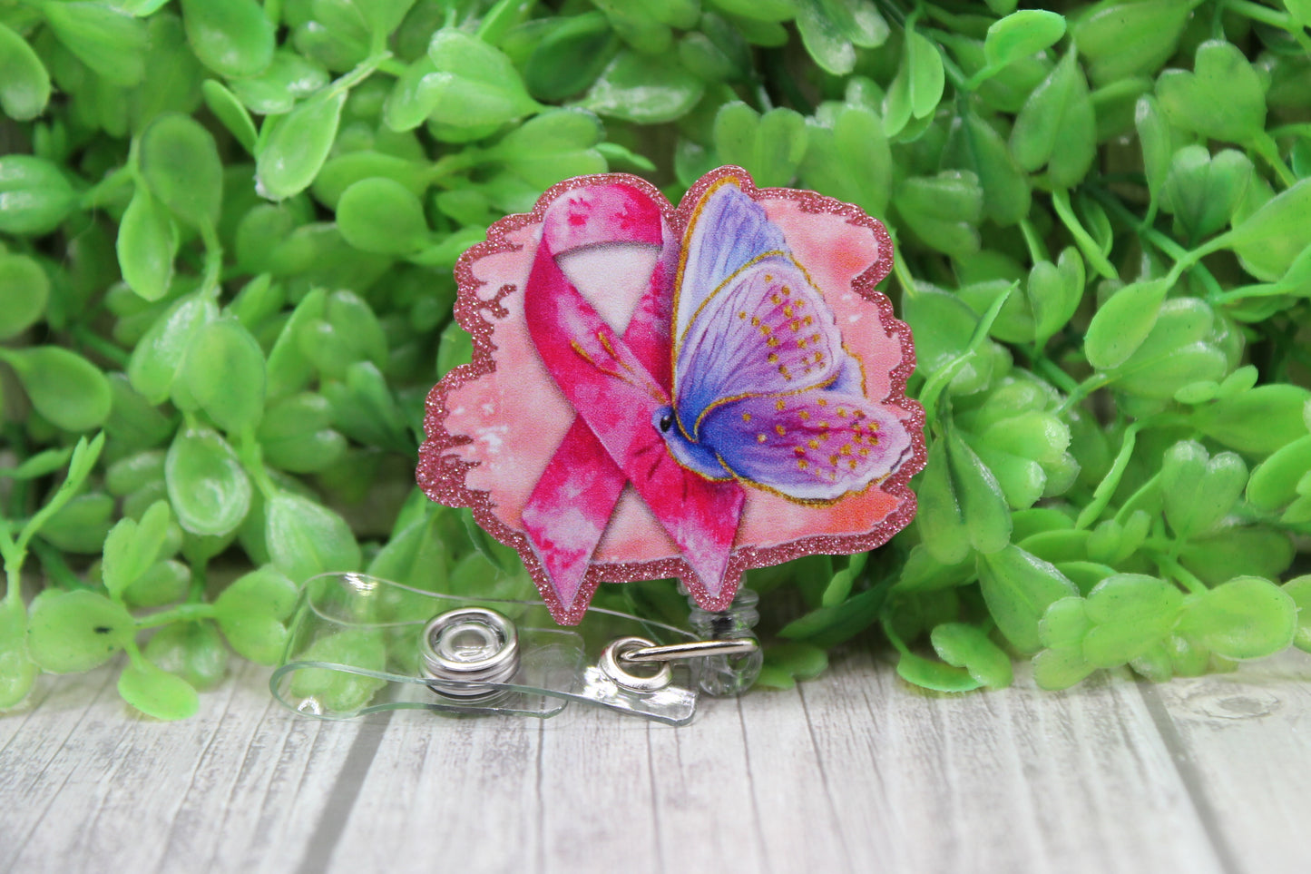 Breast Cancer Awareness Pink Ribbon and Butterfly • Badge/ID Holder with Clip