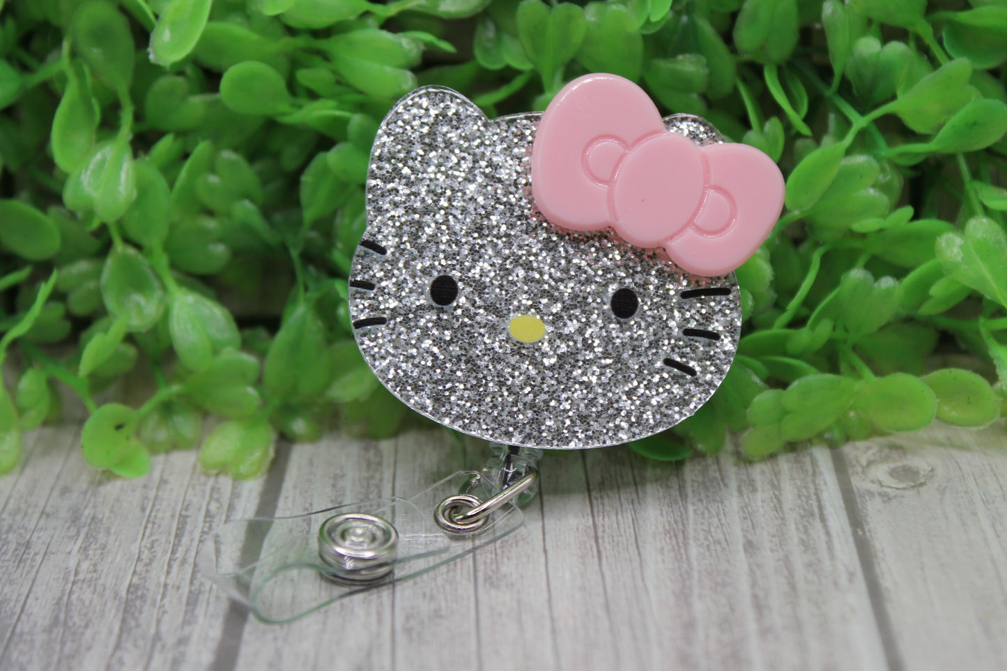 Pink Bow Silver Glitter Cat • Badge/ID Holder with Clip