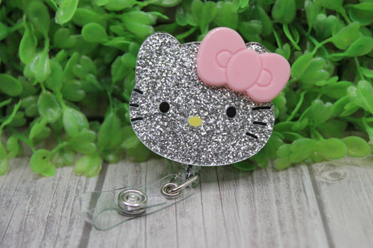 Pink Bow Silver Glitter Cat • Badge/ID Holder with Clip