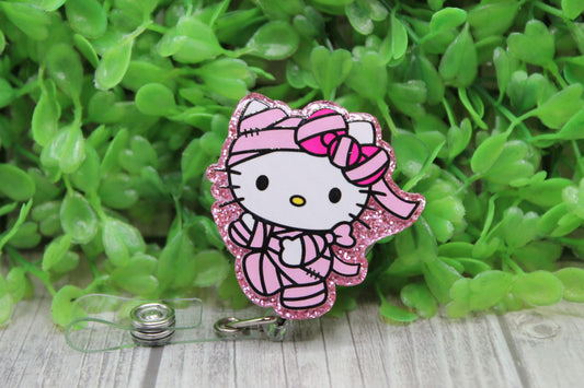 Pink Mummy Cat with Bow • Badge/ID Holder with Clip