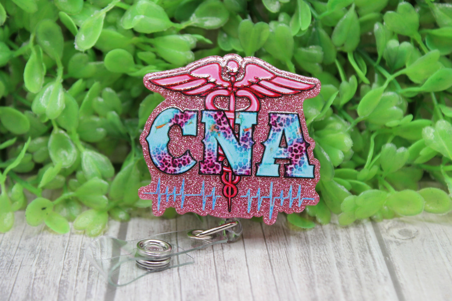 CNA Pink Glitter • Badge/ID Holder with Clip