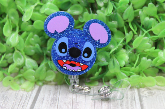 Blue Glitter Stitch Face • Badge/ID Holder with Clip