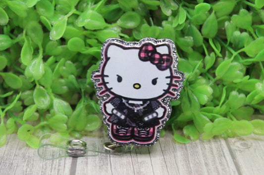 Black & Pink Plaid Cat • Badge/ID Holder with Clip