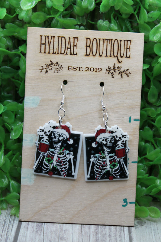 Christmas Skelly & Coffee • Dangle Earrings