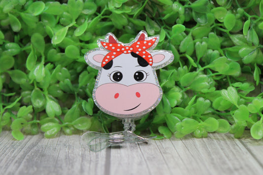 Cow with Red Polka Dot Headband • Badge/ID Holder with Clip