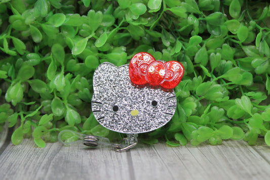 Silver Glitter Cat Red Bow • Badge/ID Holder with Clip