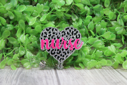 Nurse Silver Leopard Heart • Badge/ID Holder with Clip