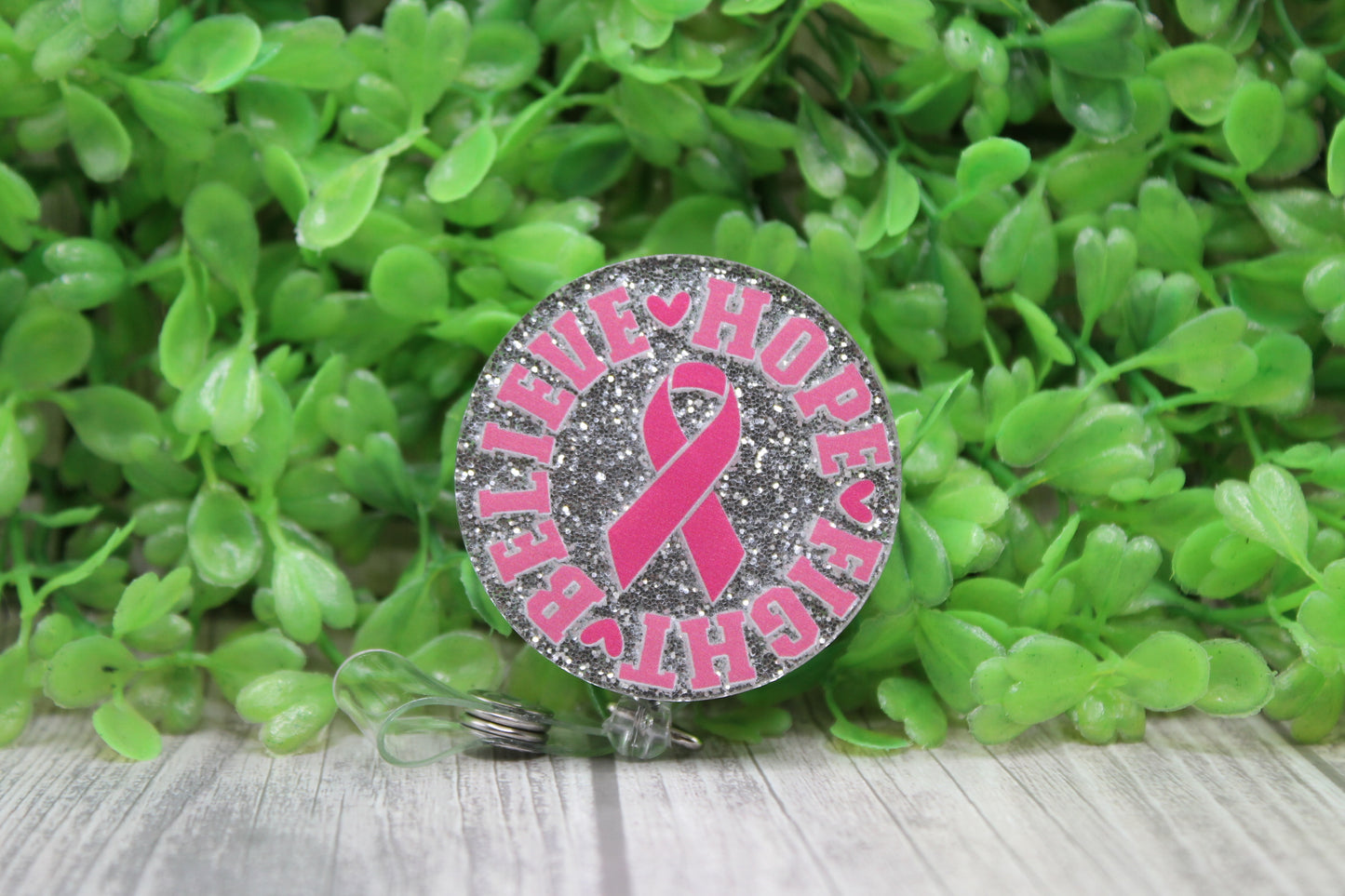 Breast Cancer Awareness Silver Circle • Badge/ID Holder with Clip