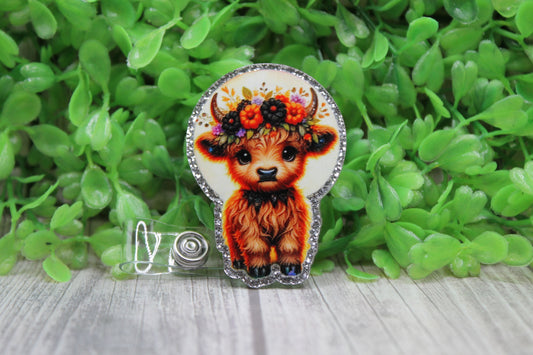 Floral Crown Highland Cow & Moon • Badge/ID Holder with Clip