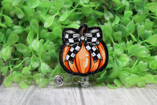 Checkered Bow Pumpkin • Badge/ID Holder with Clip