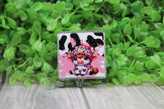 Cow with Pink Beanie Square • Badge/ID Holder with Clip