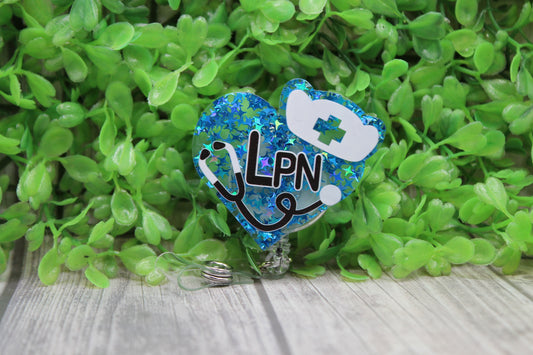 LPN Blue Confetti Heart • Badge/ID Holder with Clip