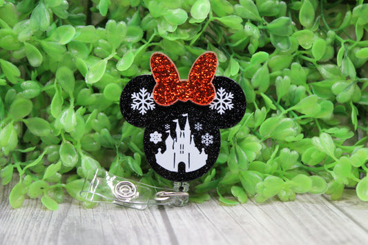 Castle on Black Red Glitter Bow • Badge/ID Holder with Clip