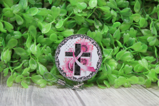 Breast Cancer Awareness Cross Pink Ribbon Sunflowers • Badge/ID Holder with Clip