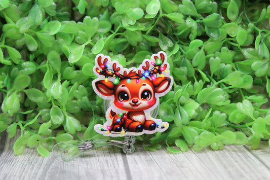 Reindeer with Christmas Lights • Badge/ID Holder with Clip