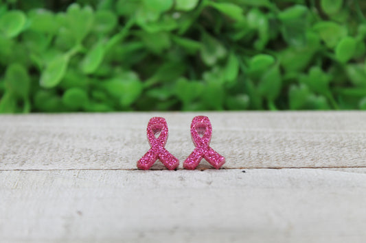 Dark Pink Glitter Breast Cancer Awareness Ribbon • Stud Earrings