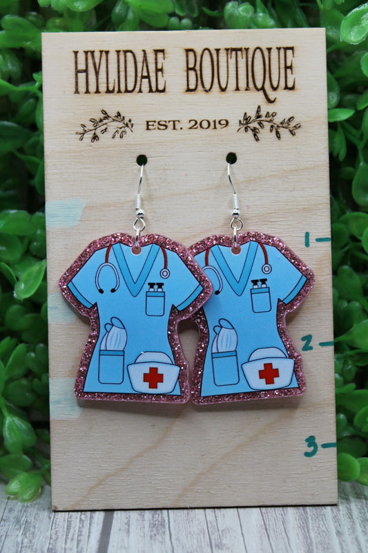 Blue Scrub Top • Dangle Earrings