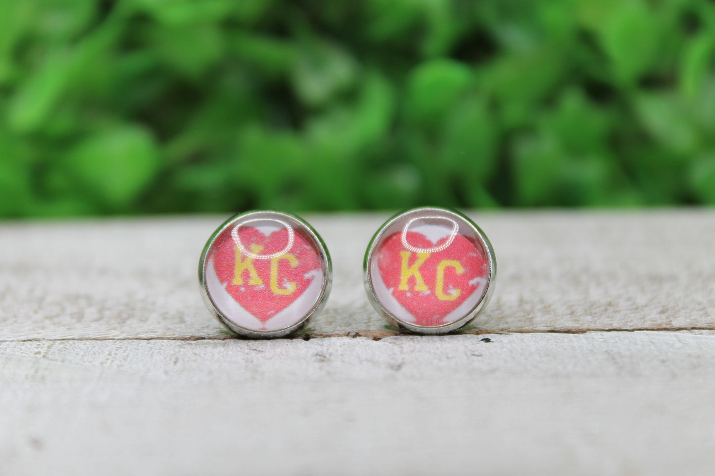 Football KC Distressed Heart • 12mm Glass Stud Earrings