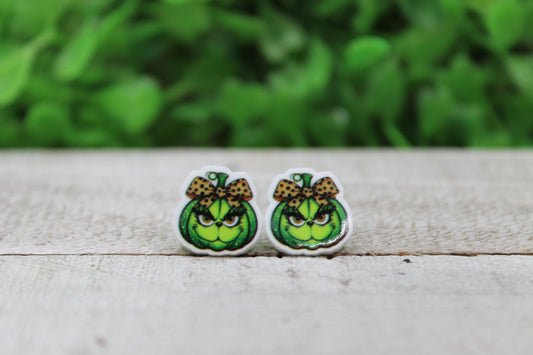 Green Grump Pumpkin with Bow • Stud Earrings