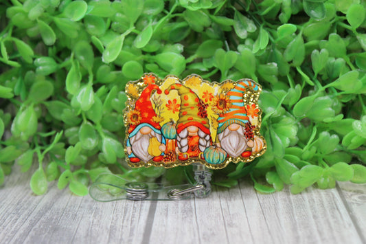 Fall Gnome Trio • Badge/ID Holder with Clip