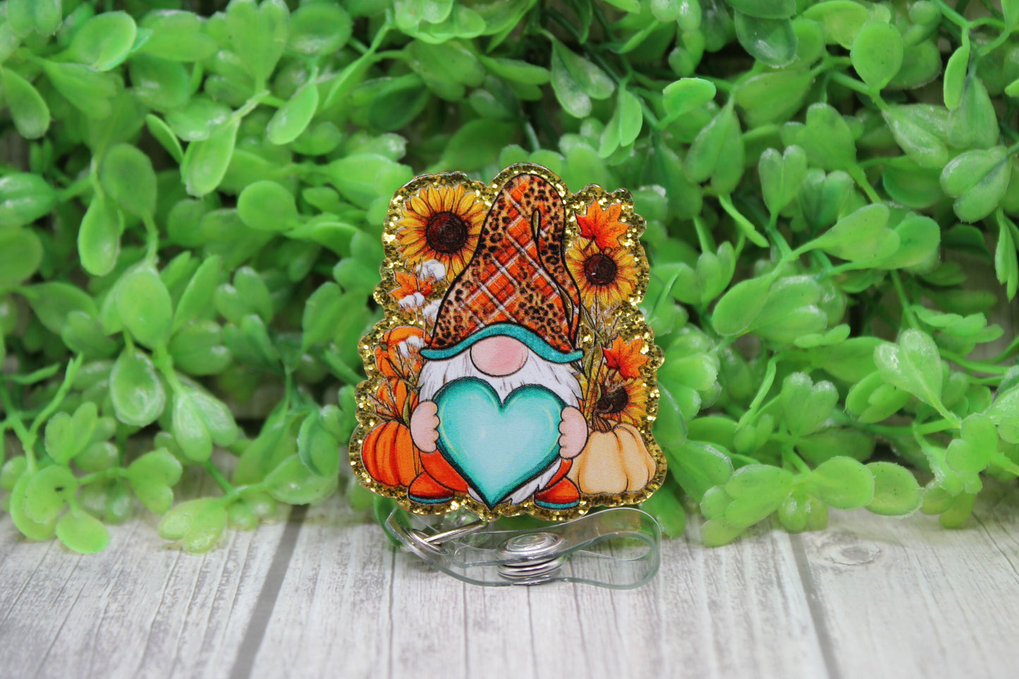 Fall Gnome with Blue Heart • Badge/ID Holder with Clip