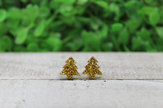 Gold Glitter Christmas Trees • Stud Earrings