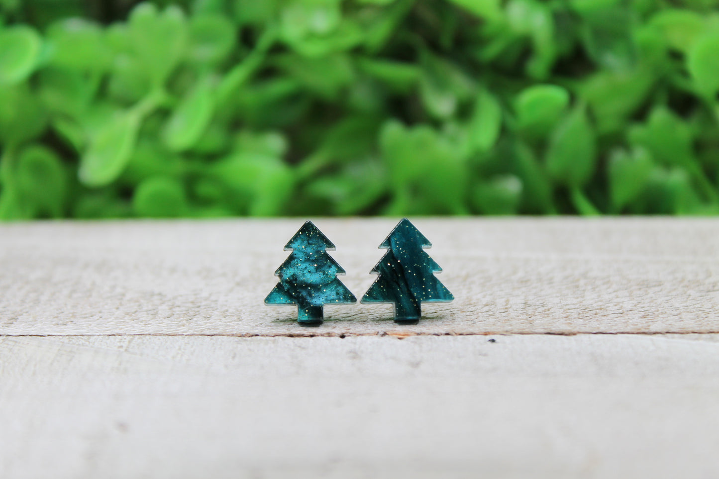 Green Shimmer Christmas Trees • Stud Earrings