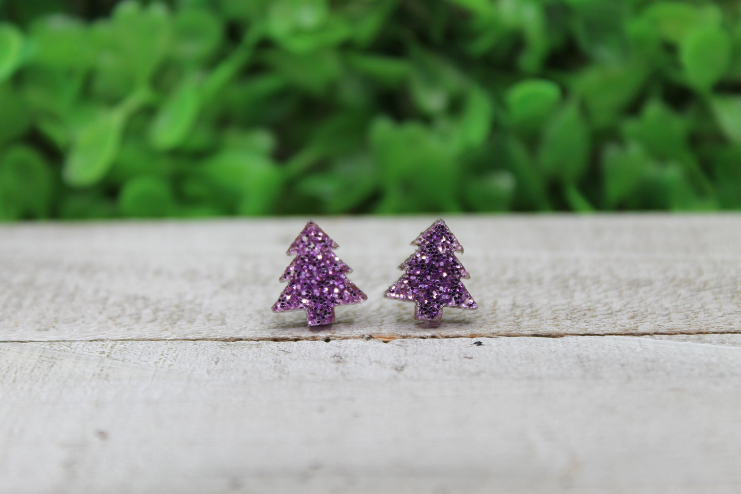 Purple Glitter Christmas Trees • Stud Earrings