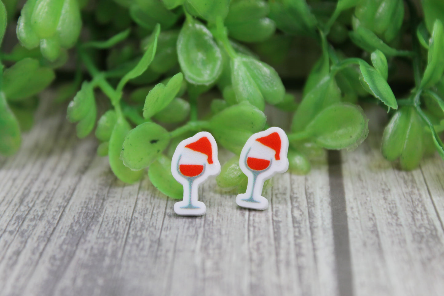 Santa Hat Wine Glass - Red • Stud Earrings