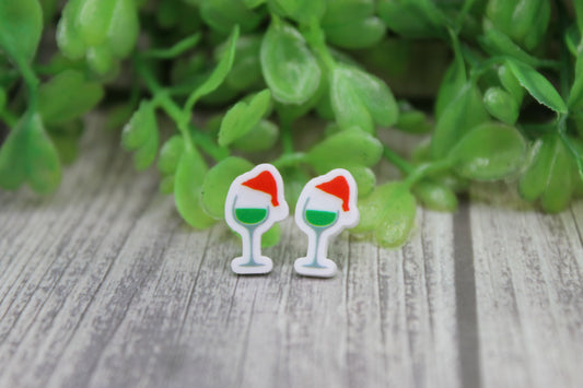 Santa Hat Wine Glass - Green • Stud Earrings