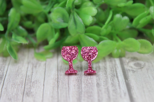 Dark Pink Glitter Wine Glasses • Stud Earrings