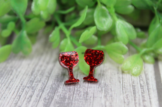 Red Glitter Wine Glasses • Stud Earrings