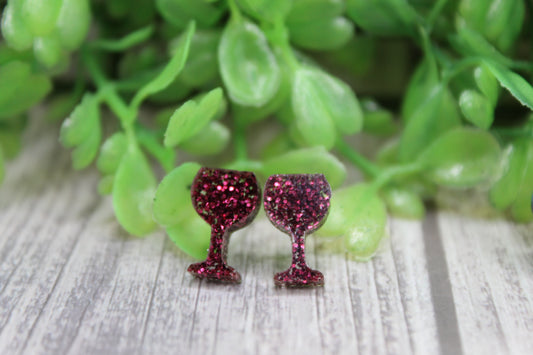 Magenta Glitter Wine Glasses • Stud Earrings