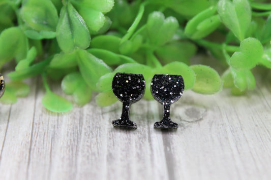 Black Glitter Wine Glasses • Stud Earrings