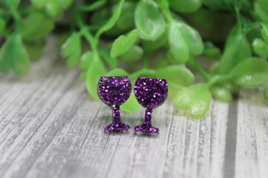 Purple Glitter Wine Glasses • Stud Earrings