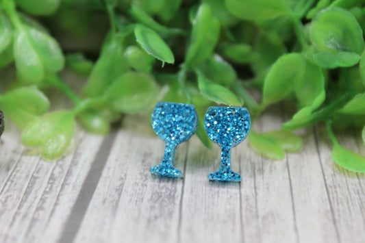 Blue Glitter Wine Glasses • Stud Earrings