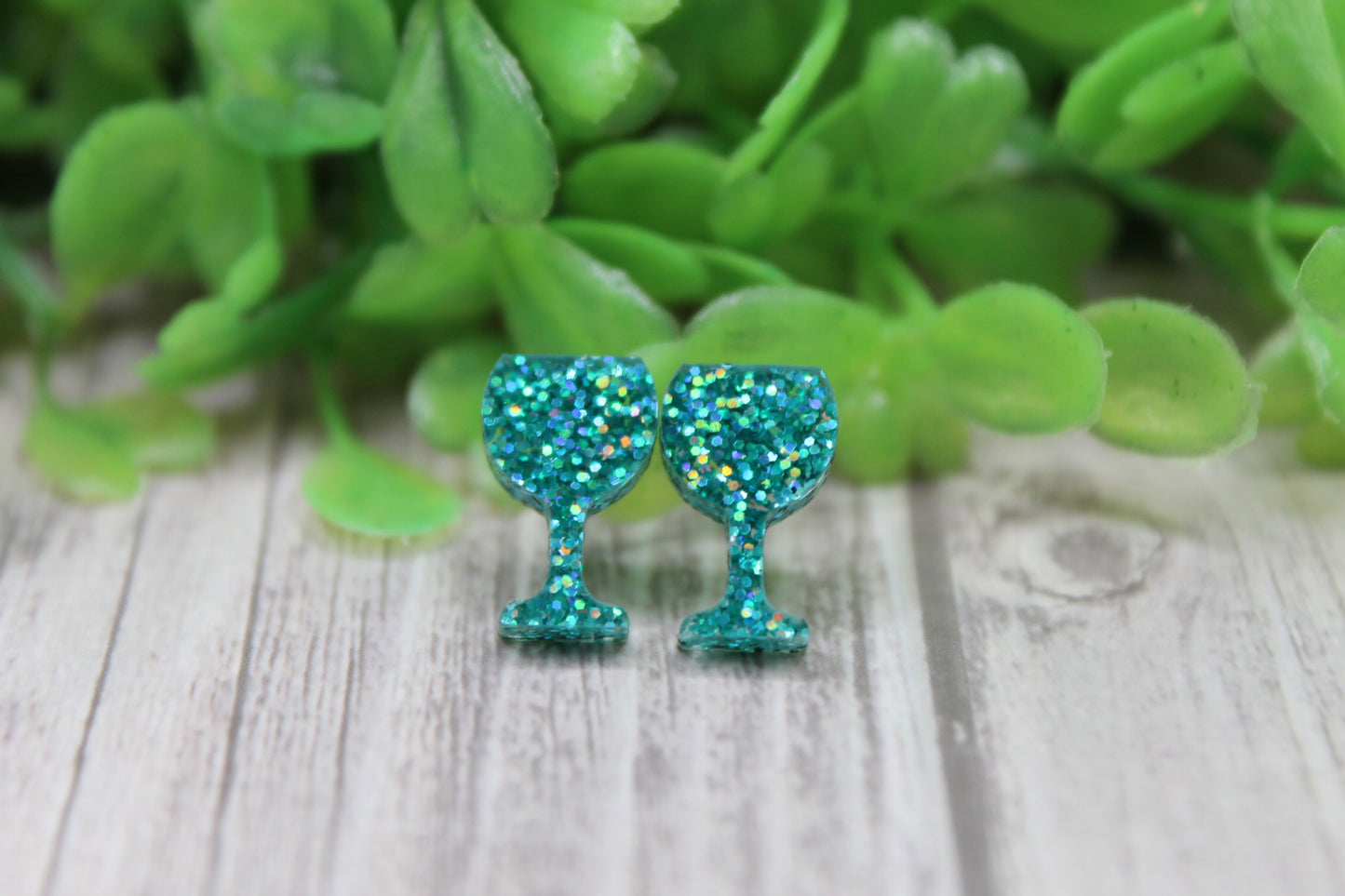 Teal Glitter Wine Glasses • Stud Earrings