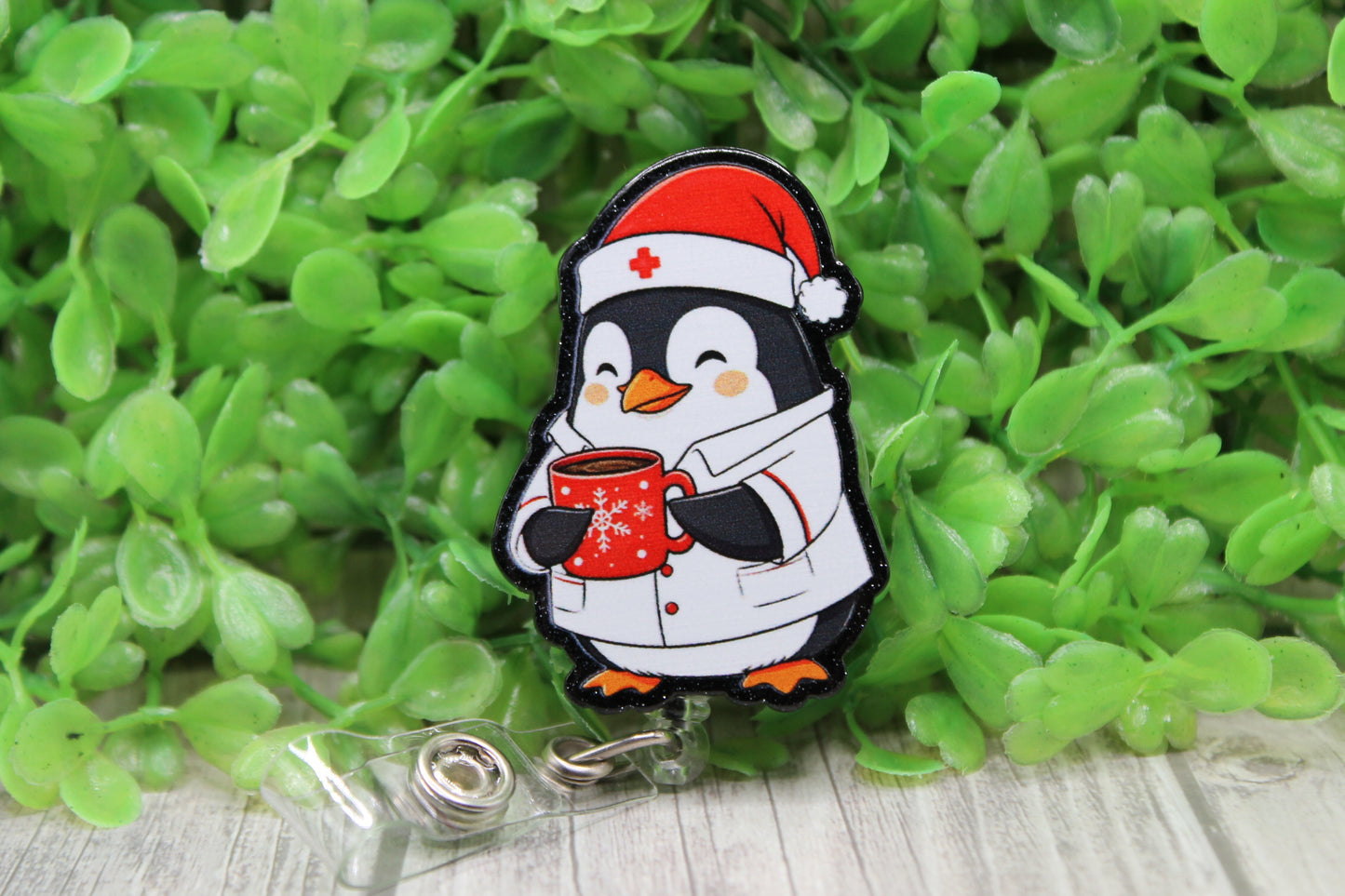 Nurse Winter Penguin with Mug • Badge/ID Holder with Clip