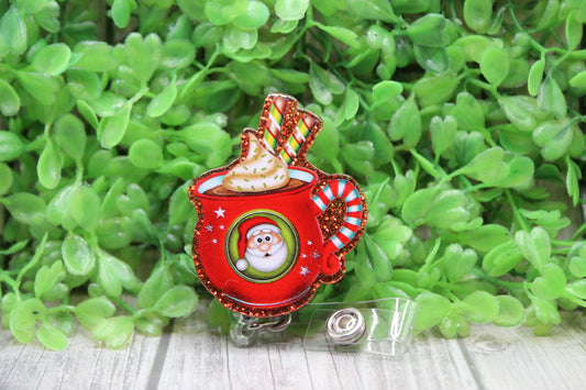 Santa Hot Cocoa Mug • Badge/ID Holder with Clip