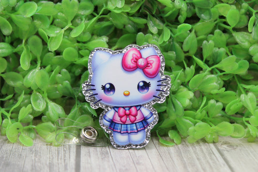 Cute Cat with Pink Bow • Badge/ID Holder with Clip