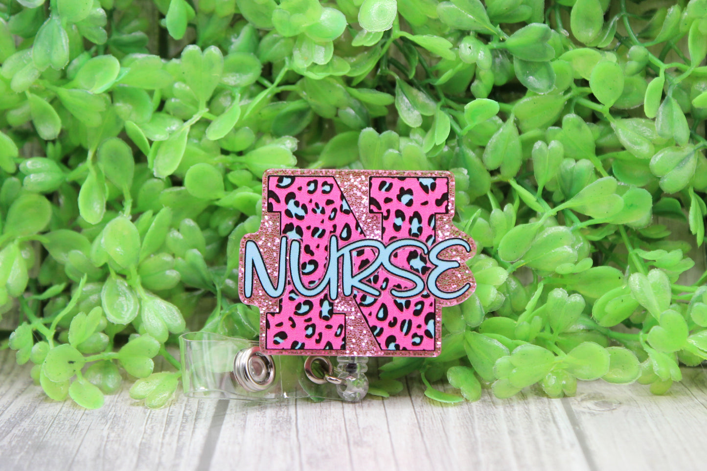 NURSE Pink Leopard • Badge/ID Holder with Clip