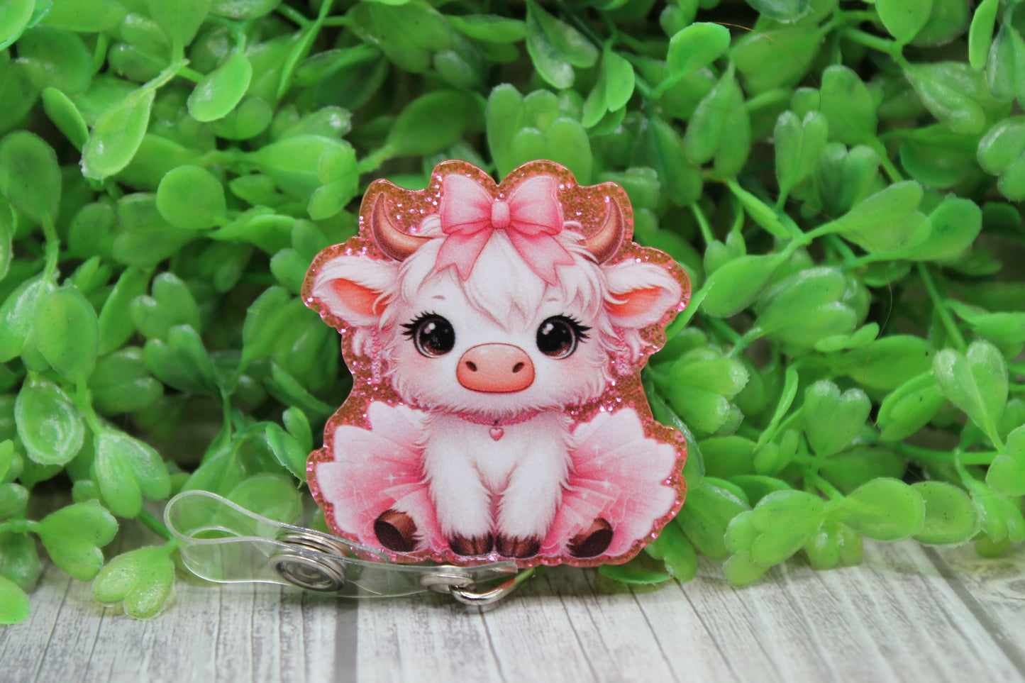 Pink Cow with Pink Bow and Tutu • Badge/ID Holder with Clip