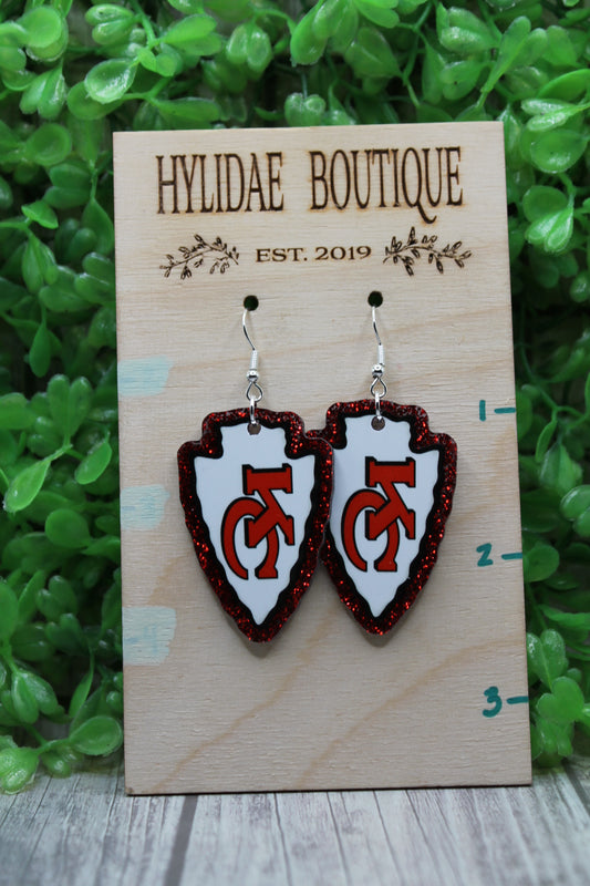 Football KC Chiefs White Arrow on Red Glitter • Dangle Earrings