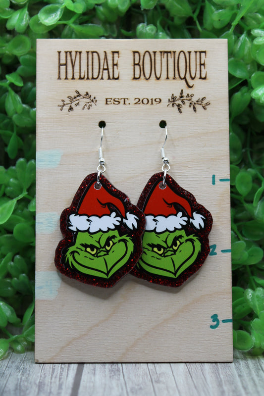 Santa Hat Grinch on Red Glitter • Dangle Earrings