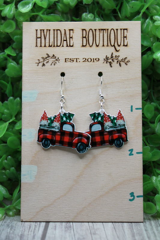 Gnomes & Red Plaid Truck • Dangle Earrings