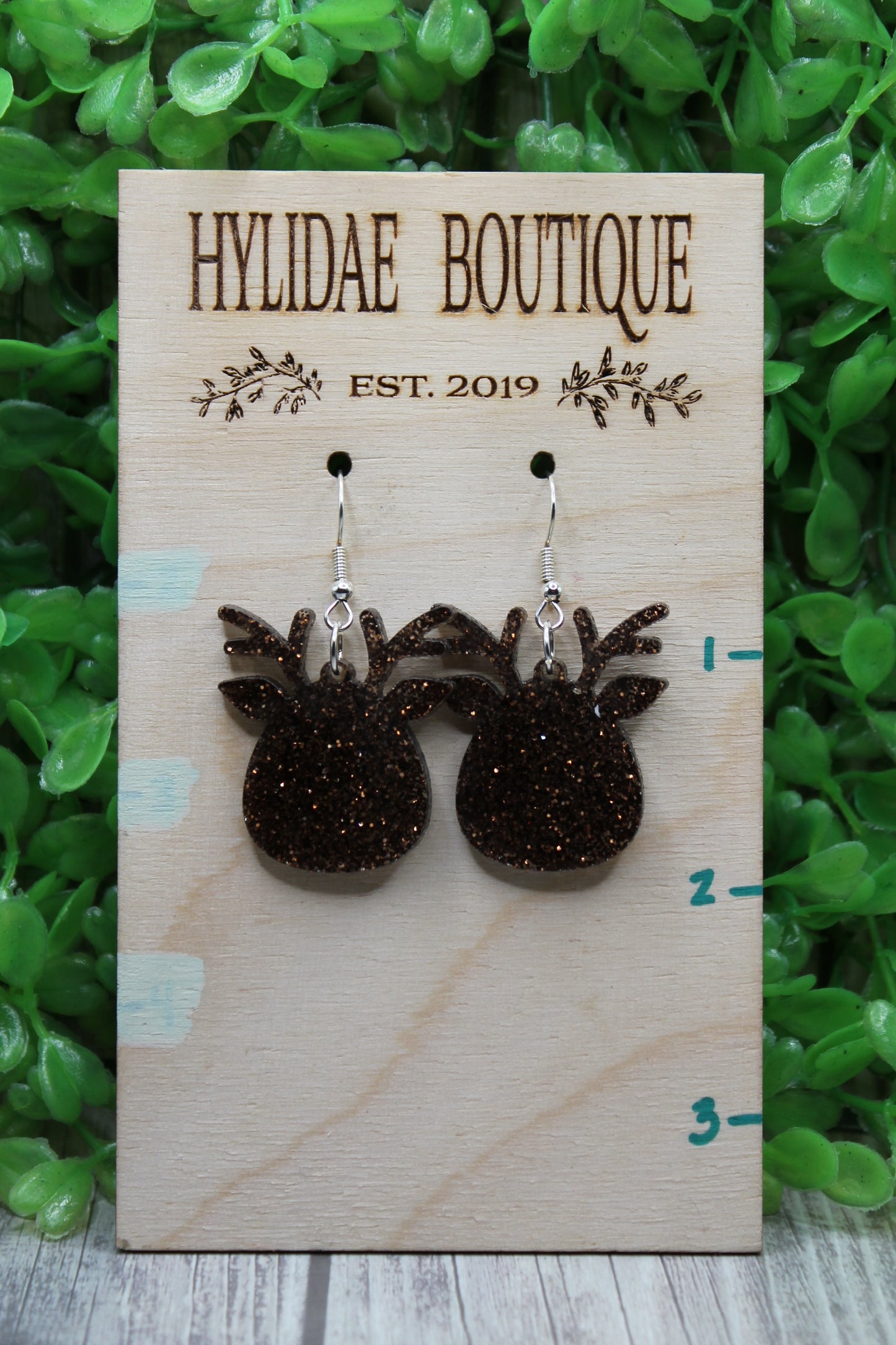 Brown Glitter Reindeer • Dangle Earrings