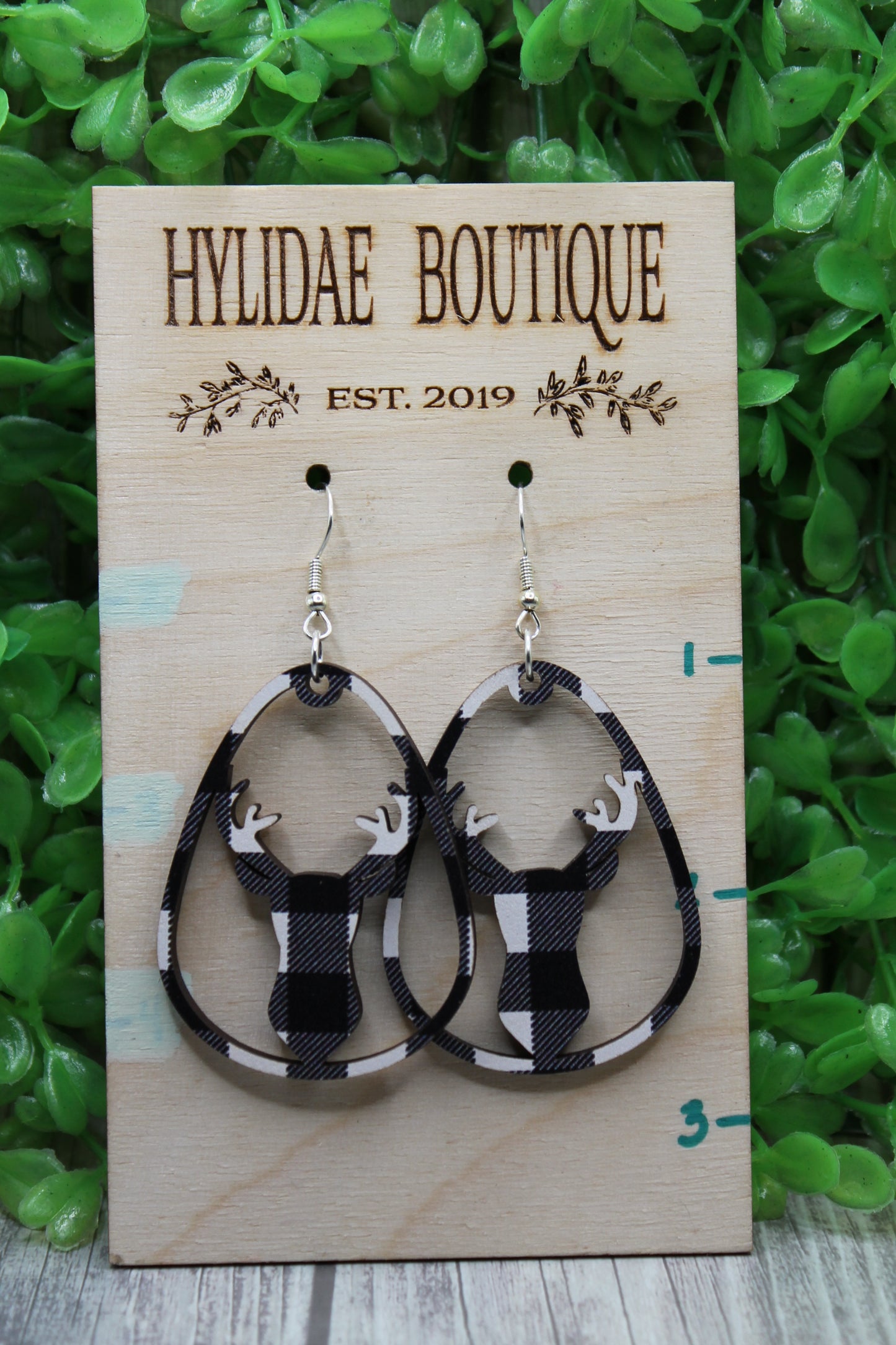 White Plaid Deer Teardrop • Dangle Earrings