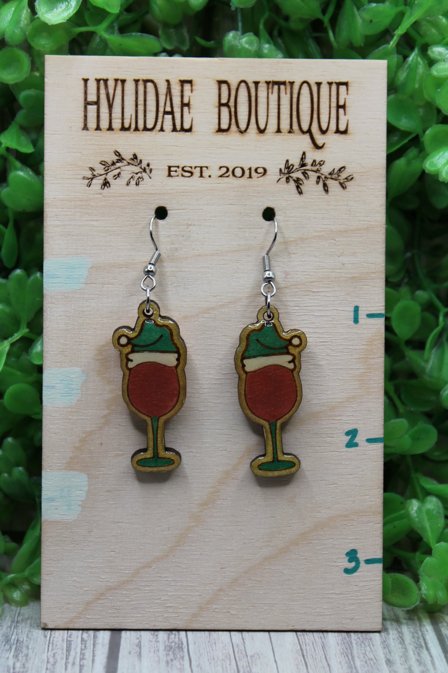 Wine Glass with Green Santa/Elf Hat • Dangle Earrings