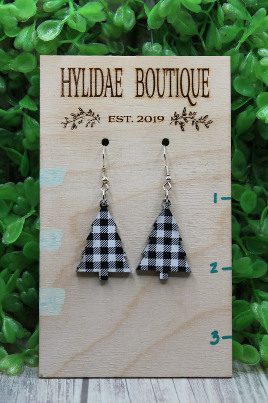 White Plaid Christmas Tree Dangle Earrings